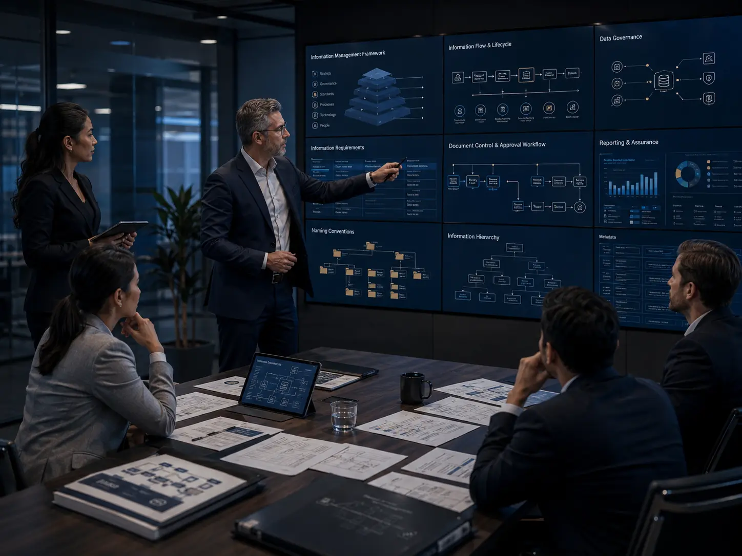 Structured information management framework with data governance, documents, models, and asset information