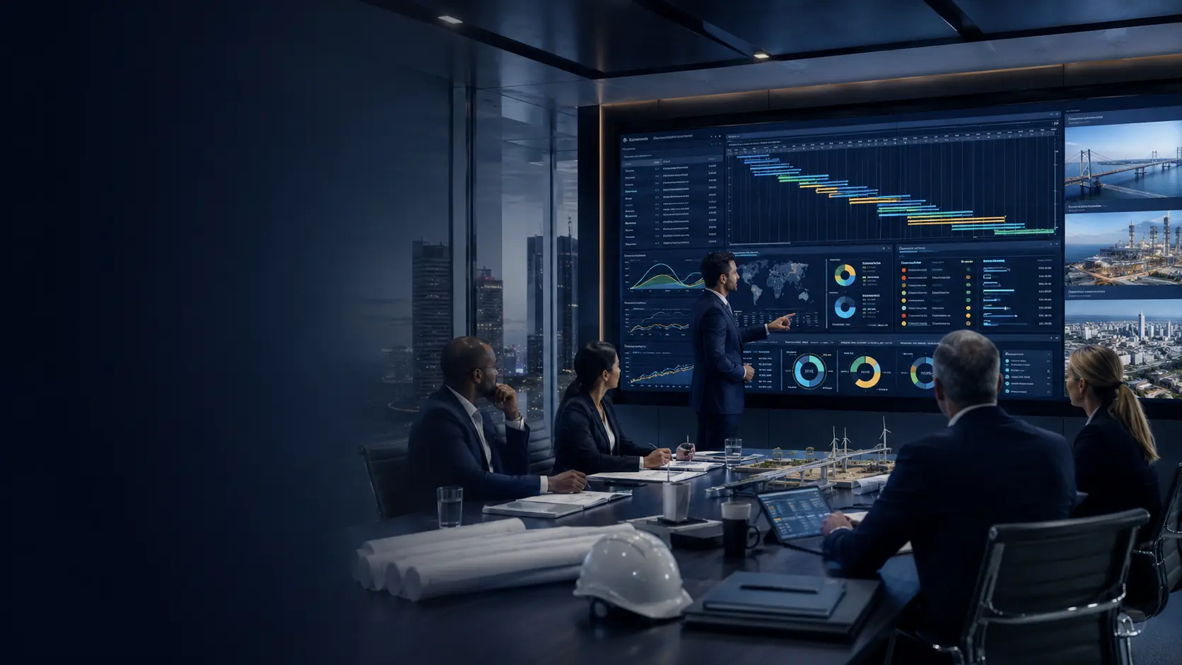 Project planning dashboard with schedule, milestones, progress reporting, and program management controls