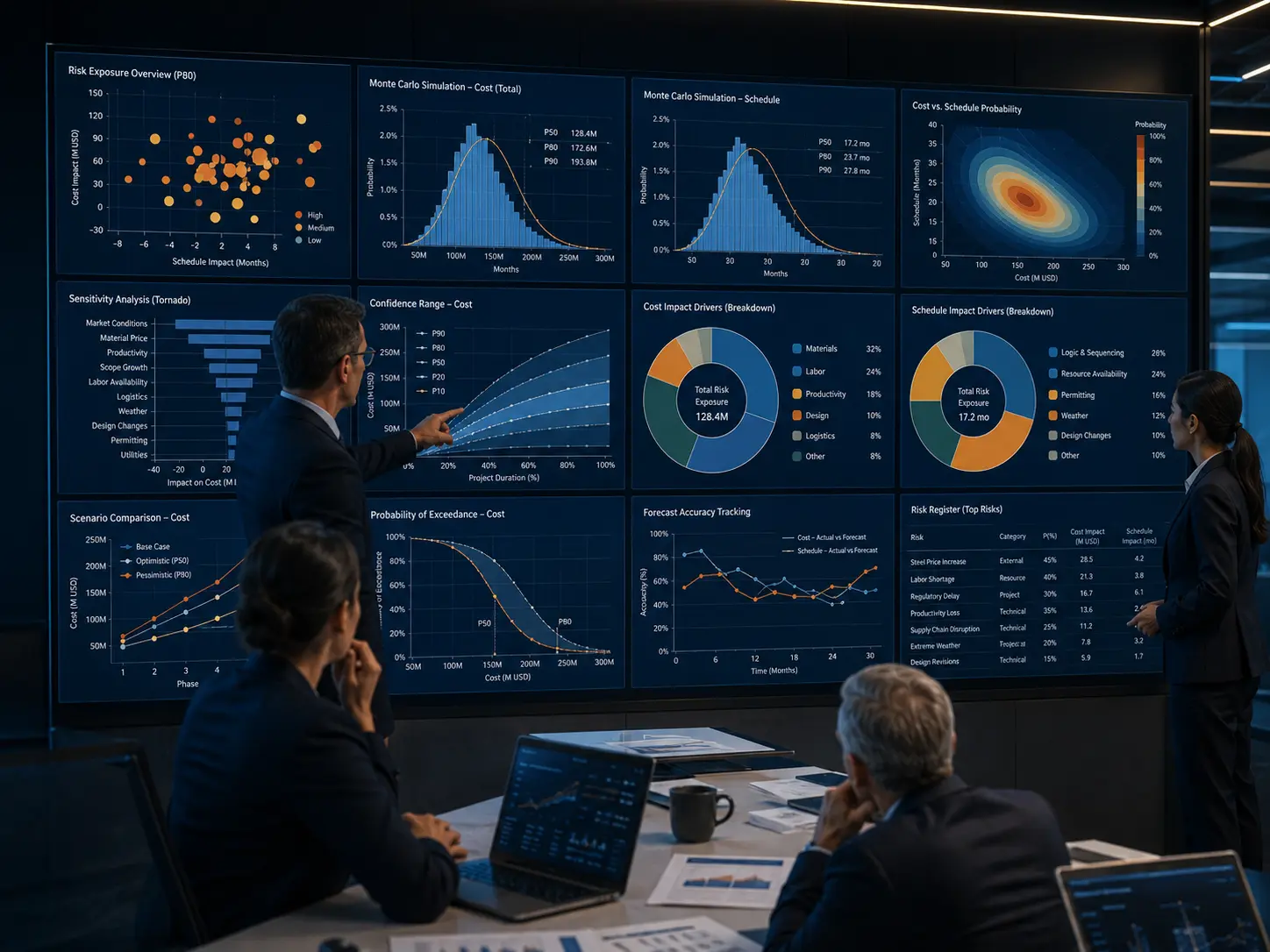 Quantitative schedule and cost risk analysis with Monte Carlo simulation outputs